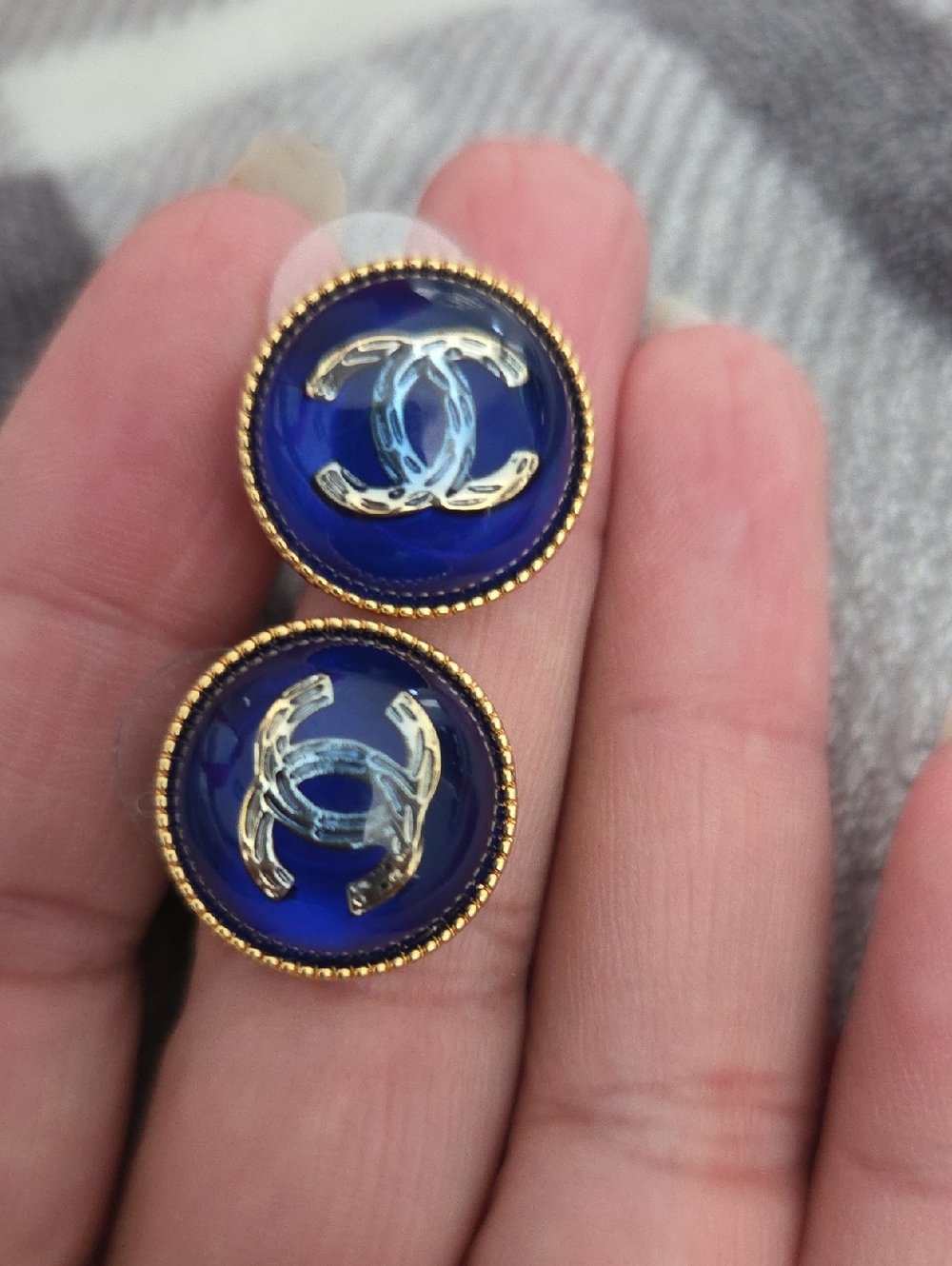 CHANEL Royal Blue and Gold CC Button Earrings